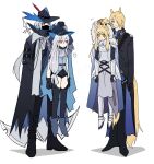  2boys 2girls =3 animal_ears arknights black_footwear black_headwear black_jacket black_pants black_shorts blemishine_(arknights) blonde_hair boots collar du_game2 flying_sweatdrops hat high_ponytail highres holding holding_collar horse_ears horse_tail jacket leg_armor long_hair low-tied_long_hair mlynar_(arknights) multiple_boys multiple_girls pants red_eyes shoes shorts simple_background skadi_(arknights) sweat tail ulpianus_(arknights) very_long_hair white_armor white_background white_hair yellow_eyes 