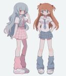  2girls alternate_costume alternate_hairstyle ayanami_rei blue_eyes blue_hair blue_necktie blush expressionless full_body glaring hand_in_own_hair hand_on_own_hip highres interface_headset looking_to_the_side loose_socks multiple_girls necktie neon_genesis_evangelion orange_hair pink_necktie plaid plaid_skirt pleated_skirt red_eyes ri_(qrcode) school_uniform shirt shirt_tucked_in skirt skull_ornament socks souryuu_asuka_langley white_background white_footwear white_shirt 