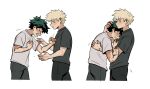  2boys bakugou_katsuki blonde_hair boku_no_hero_academia closed_eyes closed_mouth commentary crying daniartonline english_commentary green_hair grey_shirt hand_on_another&#039;s_arm hand_on_another&#039;s_back hand_on_another&#039;s_chest hand_on_another&#039;s_head hand_on_own_chest highres hug looking_at_another male_focus midoriya_izuku multiple_boys open_mouth pants sad scar scar_on_hand shirt short_hair short_sleeves simple_background spiked_hair standing t-shirt tears white_background 