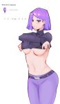  1girl absurdres belt black_eyes breasts diforland duolingo eyeshadow highres lily_(duolingo) makeup medium_hair navel pants purple_eyeshadow purple_hair purple_pants purple_sweater solo sweater turtleneck turtleneck_sweater underboob undressing 