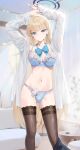  1girl arms_up black_thighhighs blonde_hair blue_archive blue_bow blue_bowtie blue_bra blue_eyes blue_nails blue_panties blurry blurry_background bow bowtie bra breasts cameltoe cirilla_lin cleavage closed_mouth earrings expressionless glint halo highres jewelry long_hair looking_at_viewer medium_breasts navel open_clothes open_shirt panties shirt solo standing stomach straight_hair stud_earrings thighhighs toki_(blue_archive) underwear very_long_hair white_shirt 