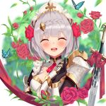 1girl absurdres armor blush braid breasts cavcaz dress flower genshin_impact grey_hair hair_flower hair_ornament highres looking_at_viewer maid maid_headdress medium_breasts noelle_(genshin_impact) open_mouth red_flower red_rose rose short_hair smile solo tagme 