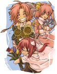  2000s_(style) 3girls ahoge animal_ears bell blacksmith_(ragnarok_online) blue_tulip blush closed_eyes closed_mouth coat commentary_request cross dog_ears dress flower glasses grin hair_bell hair_ornament hair_stick high_priest_(ragnarok_online) jingle_bell juliet_sleeves long_hair long_sleeves medium_hair minorigo_flow monk_(ragnarok_online) multiple_girls open_mouth parted_bangs pince-nez pink_dress pink_eyes pink_hair ponytail puffy_sleeves ragnarok_online red_dress red_eyes red_flower red_hair red_tulip short_sleeves smile sunflower tulip two-tone_dress upper_body white_coat yellow_flower yellow_tulip 