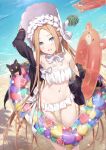  1girl abigail_williams_(fate) abigail_williams_(swimsuit_foreigner)_(fate) abigail_williams_(swimsuit_foreigner)_(third_ascension)_(fate) bare_shoulders beach bikini black_jacket blonde_hair blue_eyes blush bonnet bow breasts commentary_request fate/grand_order fate_(series) food forehead fruit gabiran hair_bow highres innertube jacket long_hair long_sleeves looking_at_viewer miniskirt navel off_shoulder open_clothes open_jacket open_mouth parted_bangs shore sidelocks skirt small_breasts smile solo swimsuit thighs twintails very_long_hair watermelon white_bikini white_bow white_headwear 