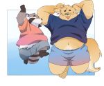  2023 anthro belly bottomwear brown_body canid canine canis clothing domestic_dog duo eyes_closed eyewear glasses hi_res inunoshippo kemono male mammal overweight overweight_male procyonid raccoon shirt shorts topwear 