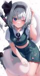  1girl absurdres bare_legs blue_eyes breasts closed_mouth crop_top from_above green_skirt green_vest grey_hair hair_ribbon hairband hand_up highres konpaku_youmu konpaku_youmu_(ghost) light_smile looking_at_viewer medium_breasts midriff navel one_eye_closed petals pleated_skirt puffy_short_sleeves puffy_sleeves ramyun_sari ribbon short_sleeves simple_background sitting skirt skirt_set solo sword thighs touhou upturned_eyes vest wariza weapon white_background 