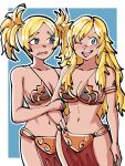  2girls armlet armor bangs bare_shoulders bikini_armor blonde_hair blue_eyes blush breasts cleavage collarbone cosplay english_commentary fingernails fire_emblem fire_emblem_awakening fire_emblem_fates furrowed_brow grandmother_and_granddaughter hand_on_hip highres lissa_(fire_emblem) loincloth long_hair looking_at_another medium_breasts mnejing30 multiple_girls navel nose_blush open_mouth ophelia_(fire_emblem) outline parted_bangs princess_leia_organa_solo princess_leia_organa_solo_(cosplay) short_hair star_wars star_wars:_return_of_the_jedi twintails wavy_mouth white_outline 