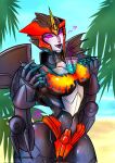  1girl beach breasts curvy delari flamewar glowing glowing_eyes highres humanoid_robot medium_breasts orange_panties panties purple_eyes robot solo thighs transformers underwear wings 