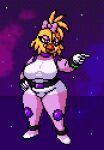  anthro astropixels avian big_breasts bird bow_tie breasts chica_(fnaf) chicken chubby_female clothing digital_media_(artwork) eyelashes female five_nights_at_freddy&#039;s freddy_in_space_3 galliform gallus_(genus) hi_res phasianid pixel_(artwork) scottgames solo space spacesuit thick_thighs tight_clothing tight_fit 