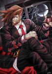  1boy beard brown_hair facial_hair full_moon guilty_gear guilty_gear_xrd hair_between_eyes highres long_sleeves male_focus manly monocle monocle_chain moon mustache nankou_(koutanan) red_eyes short_hair sitting slayer_(guilty_gear) smoking_pipe vampire 