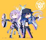  2girls assault_rifle atsuko_(blue_archive) baseball_cap belt_pouch black_hair blue_archive blue_hair braid closed_mouth cz_scorpion_evo_3 firing gloves gun halo handgun hat highres jacket long_hair low_twin_braids magazine_(weapon) midriff multiple_girls navel open_mouth pants pouch purple_hair rifle saori_(blue_archive) shibuya_susano sig_516 sig_sauer standing stomach submachine_gun taser twin_braids weapon white_jacket yellow_background 