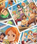  2girls 5boys abs beach bikini black_hair blonde_hair breasts closed_eyes commentary drinking english_commentary eyelashes green_hair happy hat highres katana large_breasts long_hair looking_at_viewer monkey_d._luffy multiple_boys multiple_girls nami_(one_piece) navel nico_robin oekakiboya one_piece orange_hair roronoa_zoro sanji_(one_piece) short_hair sitting smile standing straw_hat straw_hat_pirates swimsuit sword tony_tony_chopper usopp weapon 