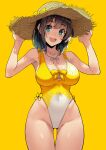  1girl :d bare_arms bare_shoulders black_hair blue_eyes blush breasts cleavage collarbone covered_navel cowboy_shot hat highleg highleg_swimsuit highres kekemotsu large_breasts looking_at_viewer medium_hair one-piece_swimsuit open_mouth original simple_background smile solo straw_hat swimsuit thigh_gap thighs two-tone_swimsuit yellow_background 