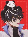  1boy black_hair blue_eyes cape charlemagne_(fate) fate/grand_order fate_(series) looking_at_viewer male_focus messe_3 multicolored_hair round_eyewear short_hair smile solo streaked_hair sunglasses two-tone_hair upper_body white_cape white_hair 