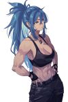  1girl abs bare_shoulders belt black_pants black_tank_top blue_eyes blue_hair breasts dog_tags fingerless_gloves gloves hands_on_own_hips highres leona_heidern long_hair midriff muscular muscular_female navel pants ponytail rasetsu001 sleeveless soldier solo tank_top the_king_of_fighters toned 