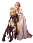  2girls ahoge artoria_caster_(fate) artoria_caster_(second_ascension)_(fate) artoria_pendragon_(fate) black_gloves blonde_hair blue_bow blue_bowtie blue_cape blue_footwear blush bow bowtie brooch brown_pantyhose buttons cape chair cnoc_na_riabh_(fate) commentary_request crown dress fate/grand_order fate_(series) fur-trimmed_cape fur_trim gloves gold_trim green_eyes hair_between_eyes hat hat_removed headwear_removed highres holding holding_crown jewelry koma02634 long_hair long_sleeves medb_(fate) multiple_girls official_alternate_costume open_mouth pantyhose pink_eyes pink_hair shoes short_hair simple_background sitting smile swept_bangs twintails twitter_username very_short_hair white_background white_cape white_dress 