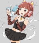  2girls animal_ear_headphones animal_ears armband armpit_crease bare_back bare_shoulders black_arm_warmers black_shirt black_skirt black_thighhighs blue_armband blue_hair blue_tail blunt_bangs blunt_ends cat_ear_headphones cat_ear_smartphone_case cat_ears cat_girl cat_tail cellphone choker colored_inner_animal_ears commentary cowboy_shot cross cross-laced_clothes cross-laced_top cross_necklace detached_sleeves dot_nose eye_contact fake_animal_ears fingerless_gloves flat_chest floating_hair frilled_skirt frills gloves gothic_lolita grey_background headphones heart heart_choker highres holding holding_phone jewelry leaning_back light_blue_hair light_blush lolita_fashion long_hair long_sleeves looking_at_another loose_hair_strand medium_hair midriff mini_person minigirl miniskirt multiple_girls nagomurasan nail_polish navel necklace open_mouth original phone pink_headphones pleated_skirt red_arm_warmers red_eyes red_hair red_nails shirt sidelocks signature skirt sleeveless smartphone smartphone_case smoke spaghetti_strap standing striped_arm_warmers sweat symbol-only_commentary tail thighhighs through_screen v-shaped_eyebrows white_sleeves white_swimsuit zettai_ryouiki 