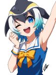  1girl animal_ears armpits black_hair blonde_hair blowhole blue_eyes blue_hair blush bow common_dolphin_(kemono_friends) dolphin_girl dorsal_fin dress fins hand_up hatagaya kemono_friends looking_at_viewer multicolored_hair one_eye_closed open_mouth sailor_collar shirt short_hair sleeveless smile solo white_hair 