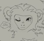  2023 anthro bodily_fluids english_text eyelashes female fur lemur lilmoonie mammal monochrome one_eye_closed plio_(dinosaur) primate simple_background solo strepsirrhine sweat sweatdrop text thought_bubble wink 