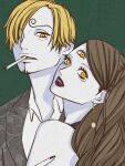  1boy 1girl bare_shoulders blonde_hair braid brown_hair charlotte_pudding cigarette commentary_request curly_eyebrows earrings facial_hair goatee green_background hair_over_one_eye highres jewelry lips lipstick long_hair looking_at_viewer makeup one_eye_covered one_piece sanji_(one_piece) short_hair simple_background sskw_mm teeth third_eye yellow_eyes 
