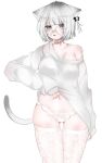  1girl ahoge animal_ears blush breasts cat_ears cat_girl cat_tail clothes_lift collarbone grey_eyes grey_hair hair_ornament highres lace_thighhighs long_sleeves medium_breasts musui_shiro off_shoulder open_mouth original panda_hair_ornament panties skindentation solo sweater sweater_lift tail thighhighs underwear white_background white_panties white_sweater white_thighhighs 