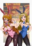  2girls absurdres ahoge animal_ears aqua_eyes artist_name bare_shoulders blue_eyes blue_leotard blurry blurry_background blush bow bowtie braid breasts brown_hair bunny_day cleavage closed_mouth commentary_request detached_collar fake_animal_ears fake_tail grey_eyes hand_on_own_hip highleg highleg_leotard highres idolmaster idolmaster_million_live! idolmaster_million_live!_theater_days konachiri kousaka_umi leotard long_hair looking_at_viewer medium_breasts multiple_girls open_mouth pantyhose pink_leotard playboy_bunny rabbit_ears rabbit_tail side-tie_leotard side_braid smile standing strapless strapless_leotard swept_bangs tail tokoro_megumi twin_braids v waving wrist_cuffs 