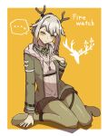  ... 1girl antlers arknights black_skirt blush character_name commentary_request dog_tags firewatch_(arknights) green_jacket green_pantyhose grey_hair hair_between_eyes highres jacket long_hair looking_at_viewer muniru_626 no_shoes pantyhose pleated_skirt ponytail sidelocks sitting skirt solo spoken_ellipsis wariza yellow_background yellow_eyes 