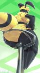 antennae_(anatomy) anthro arthropod arthropod_abdomen bee big_butt bottomwear breasts butt cjfurs clothed clothing female glass_chair hi_res hymenopteran insect low-angle_view rear_view shorts sitting solo thick_thighs transparent_object yellow_body 