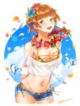  1girl :d absurdres alternate_costume bikini breasts brown_eyes brown_hair cleavage cloud denim denim_shorts dorothy_(fire_emblem) fire_emblem fire_emblem:_the_binding_blade flower hair_flower hair_ornament highres looking_at_viewer medium_breasts off-shoulder_shirt off_shoulder open_mouth shirt short_hair shorts smile swimsuit tsukimura_(d24f4z8j3t) yellow_bikini 