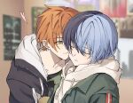  2boys absurdres aoyagi_touya blue_hair blurry blurry_background closed_eyes commentary dark_blue_hair drawstring earrings green_eyes grey_hoodie heart highres hood hood_down hoodie hoop_earrings jacket jacket_over_hoodie jewelry male_focus mole mole_under_eye multicolored_hair multiple_boys mung22ya open_clothes open_jacket orange_hair parted_lips project_sekai shinonome_akito short_hair sleeping split-color_hair symbol-only_commentary two-tone_hair yaoi 