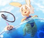  absurd_res ambiguous_gender anthro clothing digital_media_(artwork) faputa female fur group hair hi_res humor light made_in_abyss nanachi off_screen_character one-piece_swimsuit parody paws reg_(made_in_abyss) skalelsky smile sunlight swim_ring swimming swimwear tan_body tan_fur white_hair yellow_eyes 
