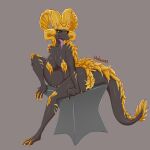  absurd_res anthro big_breasts big_tail black_body breasts brown_background capcom claws colored_nails dragon fangs female gold_scales hi_res holaxes horn kulve_taroth monster_hunter nails no_eyebrows raised_leg scales scalie shaded simple_background sitting solo tail teeth tongue tongue_out watermark yellow_eyes yellow_nails 