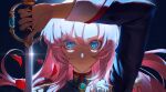  1girl arm_up blue_eyes closed_mouth floating_hair flower hair_between_eyes highres holding holding_sword holding_weapon kokollet long_hair long_sleeves military_uniform petals pink_hair portrait rose shoujo_kakumei_utena solo straight_hair sword uniform weapon white_flower white_rose 