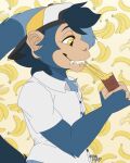  anthro clothed clothing corduroy_(hunterstirling) eating eating_food food fur haplorhine holding_food holding_object knife-boy male mammal monkey primate smile solo tail 