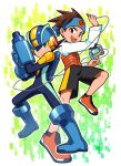  2boys bandana black_shorts blue_footwear bodysuit brown_hair commentary_request full_body green_eyes headband helmet highres lan_hikari_(mega_man) long_sleeves looking_at_viewer male_focus mega_man_(series) mega_man_battle_network megaman.exe multiple_boys nagare750 open_mouth short_hair shorts siblings simple_background smile teeth upper_teeth_only weapon 