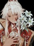  1boy amakusa_shirou_(fate) amakusa_shirou_(third_ascension)_(fate) ascot black_background blood blood_on_clothes blood_on_face cross_print earrings fate/apocrypha fate/grand_order fate_(series) flower highres japanese_clothes jewelry jinbaori long_hair male_focus simple_background smile solo sunanogimo toned toned_male upper_body white_ascot white_flower white_hair yellow_eyes 