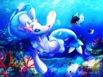  :o animal_focus artist_name blue_hair bubble colored_skin commentary_request coral coral_reef finneon fish no_humans pink_eyes pokemon pokemon_(creature) primarina smile sreg_ao_art sunlight underwater white_skin 