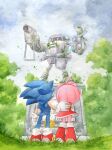  1boy 1girl amy_rose dress e-102_gamma finik flicky_(character) flower full_body furry furry_female gloves grass highres moss red_dress red_footwear shoes signature sneakers sonic_(series) sonic_adventure sonic_the_hedgehog statue white_gloves yellow_flower 