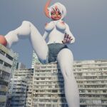  3d_(artwork) absol anthro bottomwear building clothed clothing digital_media_(artwork) female generation_3_pokemon hi_res looking_at_viewer low-angle_view macro navel navel_piercing nintendo piercing pokemon pokemon_(species) rose_duskclaw shiny_pokemon shorts sitting_on_building solo topless 