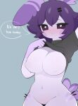  &lt;3 &lt;3_eyes anthro big_breasts bottomless breasts clothed clothing clothing_lift dialogue featureless_crotch female flashing flashing_breasts front_view fur hi_res lagomorph leporid long_ears looking_at_viewer mammal purple_body purple_fur rabbit sadbox10 shirt shirt_lift smile solo t-shirt topwear 