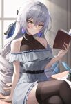  1girl bare_shoulders belt black_thighhighs book bronya_rand chair closed_mouth commentary_request crossed_legs dress drill_hair earrings feet_out_of_frame frills grey_dress grey_hair highres holding holding_book honkai:_star_rail honkai_(series) inkwell jewelry long_hair looking_at_viewer mookyuu9 on_table open_book paper quill sitting smile solo table thighhighs very_long_hair yellow_eyes 