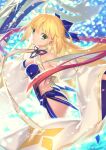  1girl ahoge artoria_caster_(fate) artoria_caster_(swimsuit)_(fate) artoria_pendragon_(fate) ass bare_shoulders blonde_hair blue_bow blue_ribbon bow breasts closed_mouth diamond_(shape) fate/grand_order fate_(series) green_eyes hair_bow long_hair looking_at_viewer official_art ribbon small_breasts smile swimsuit takeuchi_takashi twintails very_long_hair water 