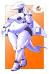  2023 absurd_res ace_combat_3 aircraft anthro belly big_belly big_breasts blue_eyes breasts chubby_female colored dark_nipples dialogue ella_(noicem) female gradient_background hi_res living_aircraft living_machine living_vehicle machine navel ndragon3 nude poster r-501_rhincodon recruitment_poster simple_background solo vehicle walking white_body wide_hips 