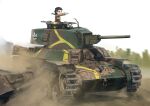  1girl black_hair brown_jacket camouflage chi-hatan_(emblem) chi-hatan_military_uniform driving emblem girls_und_panzer highres jacket kk90 long_sleeves military_vehicle motor_vehicle pointing sand solo tank type_97_chi-ha vehicle_focus 