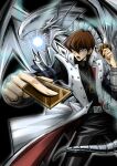  1boy black_shirt blue-eyes_white_dragon blue_eyes brown_hair card commentary_request dragon duel_monster holding holding_card jacket kaiba_seto male_focus open_clothes open_jacket ougi_kairi pants shirt short_hair yu-gi-oh! yu-gi-oh!_duel_monsters 