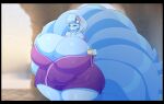  2023 absurd_res alolan_form alolan_ninetales anthro asaneman belly big_belly big_breasts blue_body blue_eyes blue_fur breasts canid canine cleavage clothed clothing curvy_figure digital_media_(artwork) eyelashes female fur generation_1_pokemon hi_res huge_breasts huge_hips huge_thighs hyper hyper_breasts mammal multi_tail ninetales nintendo pinup pokemon pokemon_(species) pose regional_form_(pokemon) solo tail thick_thighs valorie voluptuous wide_hips 