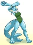  2019 after_transformation animate_inanimate anthro big_hands blue_body breasts clothing digital_media_(artwork) digitigrade ear_tag eeveelution eyes_closed female generation_1_pokemon handles hi_res inflatable living_inflatable nintendo nozzle one-piece_swimsuit oter pawpads pokemon pokemon_(species) simple_background smile solo standing stretching swimwear vaporeon 