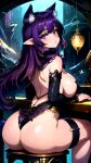  absurdres ai-generated animal_ears ass breasts cat_ears highres huge_ass large_breasts long_hair looking_at_viewer original pointy_ears purple_eyes purple_hair sideboob sitting stable_diffusion stool table 