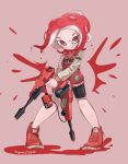  1girl :q absurdres artist_name bangs bike_shorts black_shorts blush buttons closed_mouth commentary_request dual_wielding dualie_squelcher_(splatoon) eyelashes forehead full_body gun highres holding holding_gun holding_weapon iguana152588 jacket letterman_jacket licking_lips long_sleeves looking_at_viewer medium_hair octoling octoling_girl paint paint_splatter parted_bangs purple_background red_eyes red_footwear red_hair red_jacket shoes short_eyebrows short_shorts shorts simple_background smile sneakers solo splatoon_(series) splatoon_2 standing suction_cups tentacle_hair tongue tongue_out weapon 