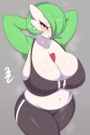  3cir_cle absurd_res big_breasts blush breasts clothed clothing female gardevoir generation_3_pokemon grey_background hi_res huge_breasts humanoid nintendo pokemon pokemon_(species) red_eyes simple_background solo thick_thighs white_body 